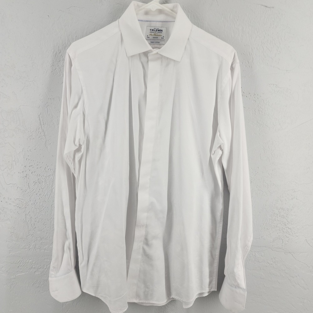 TM‎ Lewin Mens White Slim Fit Jacquard Floral Dress Shirt 16 35 Long Sleeve